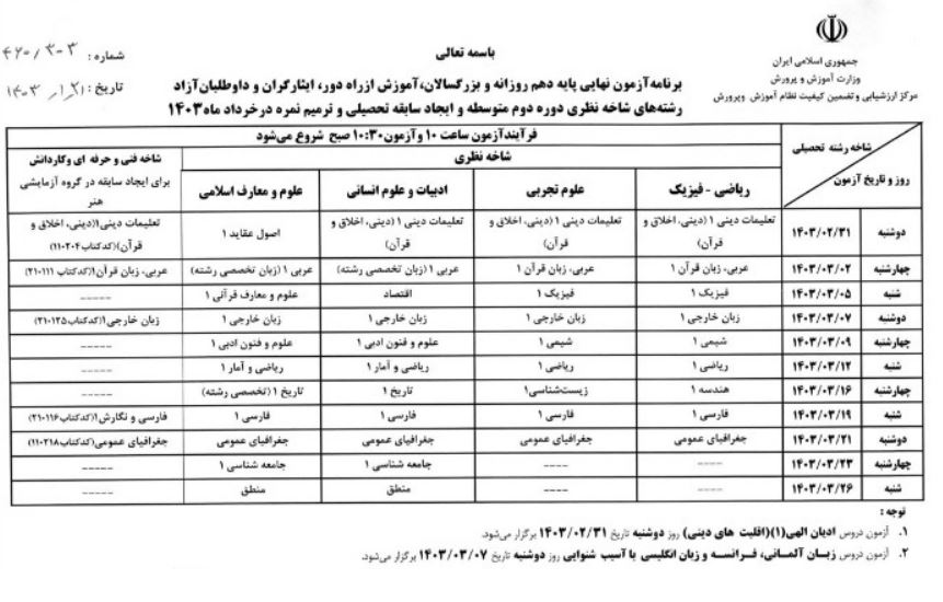 برنامه امتحانی 1403